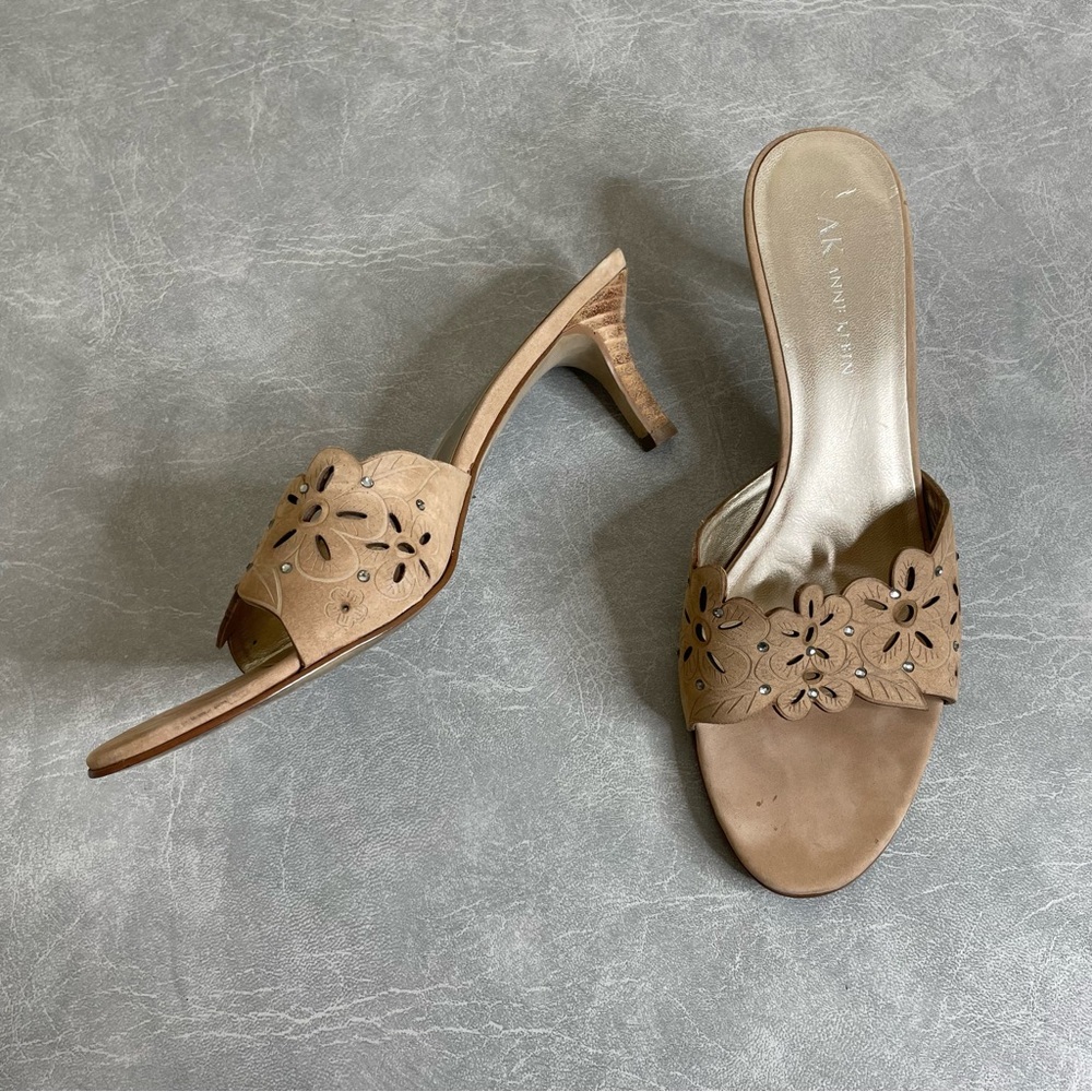 Anne Klein Tan Perforated Leather Floral Heels with Rhinestone Embellishment - Picture 3 of 11